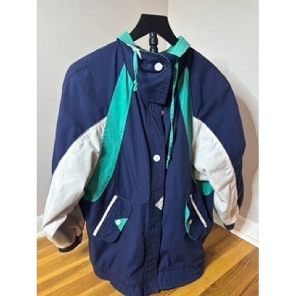 Vintage Colorblock Track Jacket Navy Teal White Athletic Sportswear Size M
